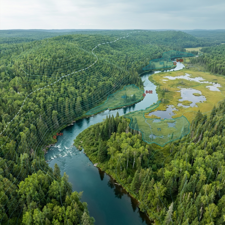 Vue aérienne d'une rivière en forêt boréale avec points de sondage, courbes topographiques et délimitation de milieux humides superposés.