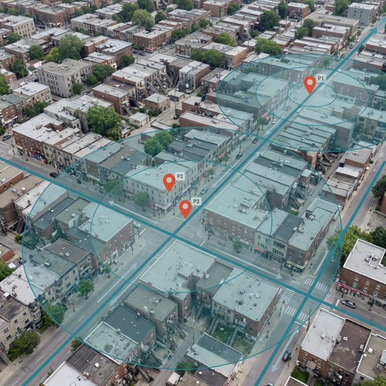 Vue aérienne d'un quartier urbain avec zones de chalandise et marqueurs de points commerciaux superposés pour une analyse de géomarketing.