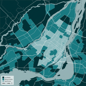 Carte thématique de la densité de population du Grand Montréal avec classification par zones de faible, moyenne et haute densité.