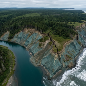 Vue aérienne par drone de falaises côtières avec érosion active, forêt boréale et glissement de terrain en Gaspésie.