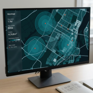 Dashboard de géomarketing affichant des données démographiques et commerciales géolocalisées sur une carte interactive de Montréal