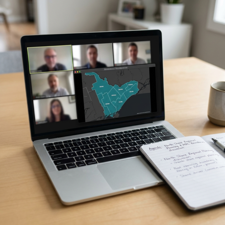 Réunion virtuelle d'une équipe de géomatique présentant une carte interactive des limites de MRC sur un ordinateur portable.