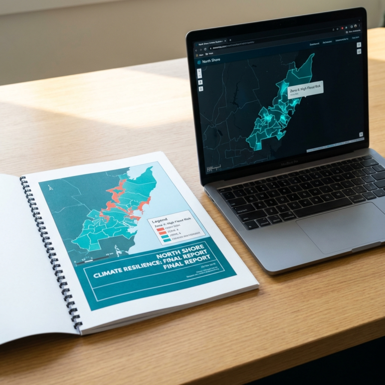 Rapport imprimé et carte interactive géospatiale de résilience climatique et de risque d'inondation pour la région North Shore