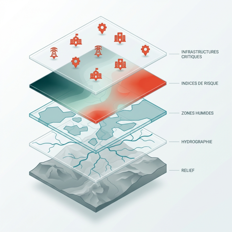 Diagramme isométrique des couches de données géospatiales SIG incluant relief, hydrographie, zones humides, indices de risque et infrastructures critiques