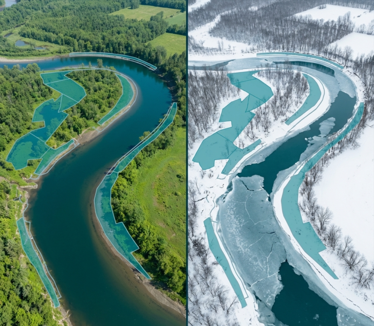 Comparaison saisonnière été-hiver d'un méandre de rivière québécoise avec superposition de données géospatiales de caractérisation des berges