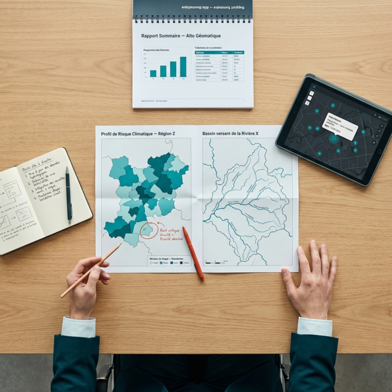 Expert en géomatique analysant des cartes thématiques de risque climatique et de bassin versant avec rapport sommaire et tablette numérique
