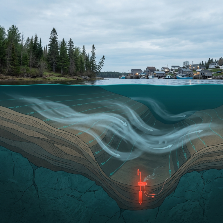 Illustration géospatiale des courants sous-marins et courbes bathymétriques avec capteur de surveillance aquatique en milieu côtier