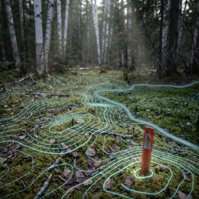 Superposition de courbes de niveau géospatiales sur un sol forestier boréal avec borne de géolocalisation terrain