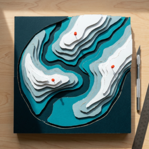 Maquette artisanale en papier découpé représentant des courbes de niveau topographiques avec points de localisation