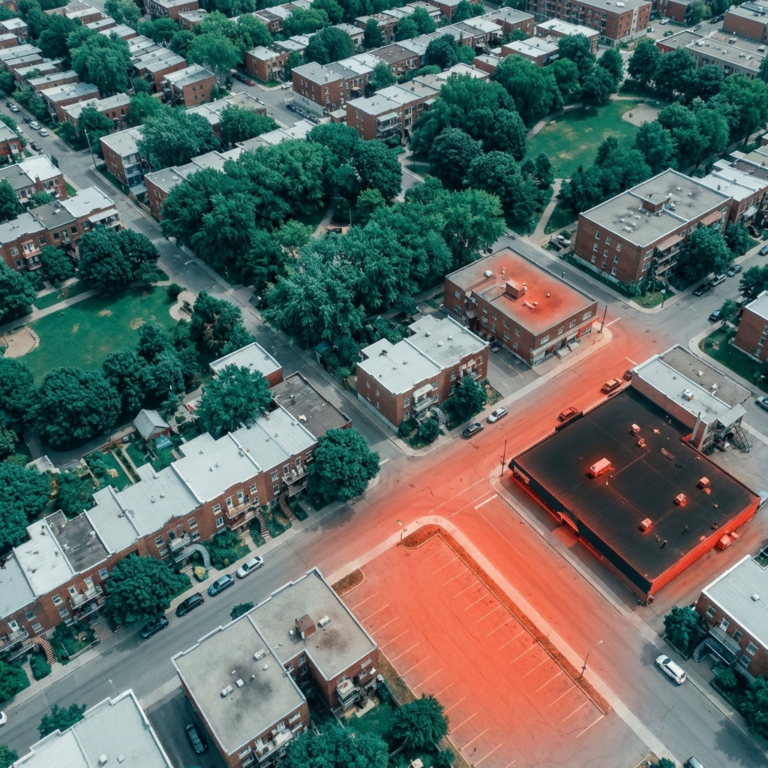 Vue aérienne d'un quartier résidentiel urbain avec zone commerciale mise en évidence pour une analyse de géomarketing